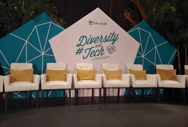 Photo of the stage at the Diversity and Tech Pre-Day at Microsoft Ignite 2018