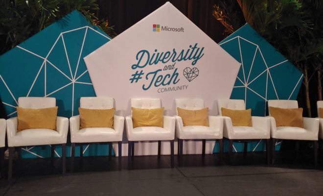 Photo of the stage at the Diversity and Tech Pre-Day at Microsoft Ignite 2018