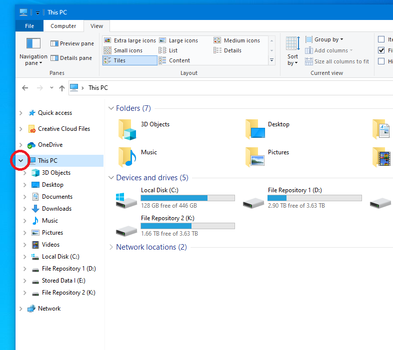 A screenshot of the File Explorer in Windows 10 with the Navigation Pane Enabled