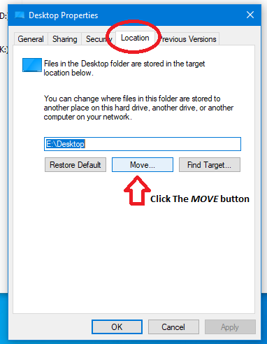 Screenshot of the Desktop Properties Dialog on the Location Tab