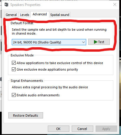 The Advanced Tab on an Audio Devices Properties in Windows Control Panel