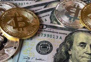 Collage of Hundred Dollar Bills and Bitcoin Coins in Silver and Gold